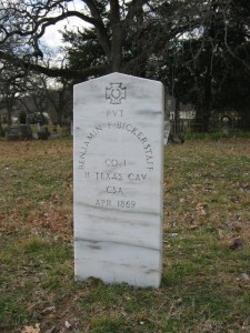 Confederate grave marker for Bickerstaff in Alvarado, Johnson County, Texas.  The style is one used after 1900, indicating it was placed there after his death in 1869.
