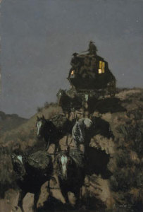 "The Old Stage Coach of the Plains," painted by Frederic S. Remington, can be seen at the Amon Carter Museum, Fort Worth, Texas.
