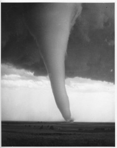 Tornado skipping across the prairie.  In 1870 the Galveston Daily News confused a hurricane with a tornado.  A tornado struck Greenville, Texas, without warning.  The town was damaged but unable to build a new courthouse, the citizens resorted to patching it for four more years. 