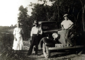 Hattie, her husband Jimmy, and their grandson Pete Coley, my father on a road trip to Ft. Payne, Alabama, in the 1930s.  