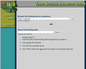 A list of many treasures for research can be found at the Texas Archival Resources Online website.