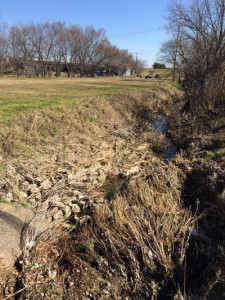 Town Branch in February 2016. Evidence of the original rip-rap rock filling is still evident.