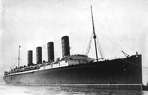 The Lusitania arriving in port.  She was easily identified by her size and the four funnels only the Lusitania had.  Despite her unique identity, Walther Schwieger of the U-20 wrote in his log he did not recognize her as he fired two torpedoes at the liner.  