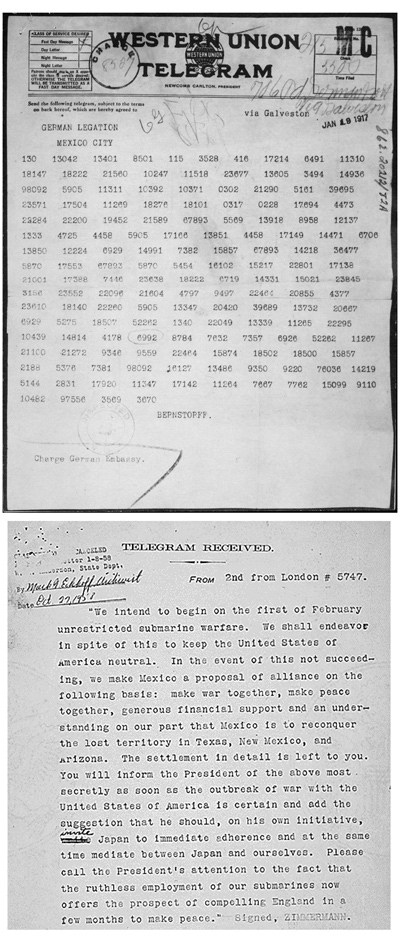 The Zimmermann telegram as it was first seen in Room 40 of the British Naval Intelligence Agency and below is the translated text.
