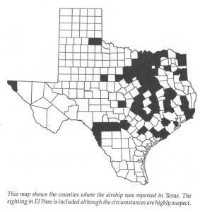 Shaded counties reported sightings of “Airships” or UFO in 1897.