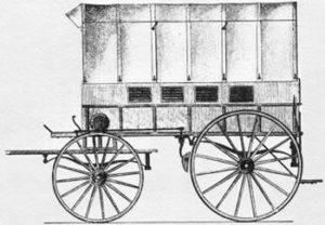 Although this is a drawing of an Army ambulance, the early circus wagons were very similar.  The high wheels allowed the wagons to cross streams travel muddy roads much easier.  