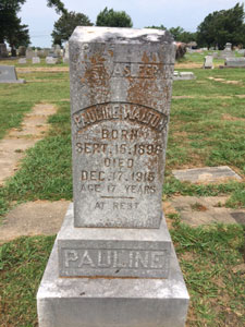 The grave site of Pauline Walton, who was violently murdered in December 1915. Look closely at the stone to see if you can find a clue. It is a murder full of mysteries.