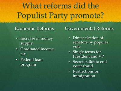 Tenets of the Populist Party when first organized in 1891.  Most of these proposals were eventually met.  Today more urgent concerns are addressed by the unorganized populist party.