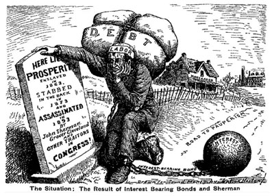 The Sherman referred to in this cartoon was Senator John Sherman of Ohio who also served as Secretary of State and Secretary of State.  He is known for targeting monopolies and anti-competitive behavior of industry.  Labor elites blamed Sherman and others for what they believed were laws to break their hold over employees.  His older brother was General William T. Sherman of Civil War fame.