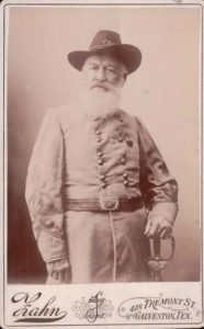 Brigadier General Thomas N. Waul modeled his Confederate uniform shortly before his retirement from law practice in Galveston in 1893.  He and his family moved to Cherry Hill, east of Greenville where he began a new career in his successful orchards at age ninety.