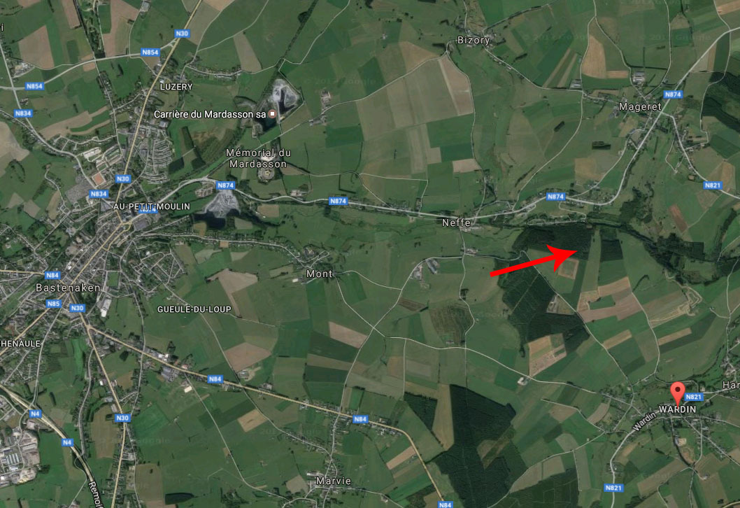 The arrow on the map below shows the approximate location of his death. At the left of the map is Bastogne.