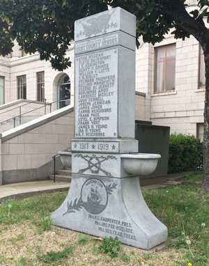 The ladies of the Mayflower Club presented this monument to Hunt County officials in 1919.  On either side are the names of those who lost their lives during World War I.  All forty-one men were residents of Hunt County when they enlisted.